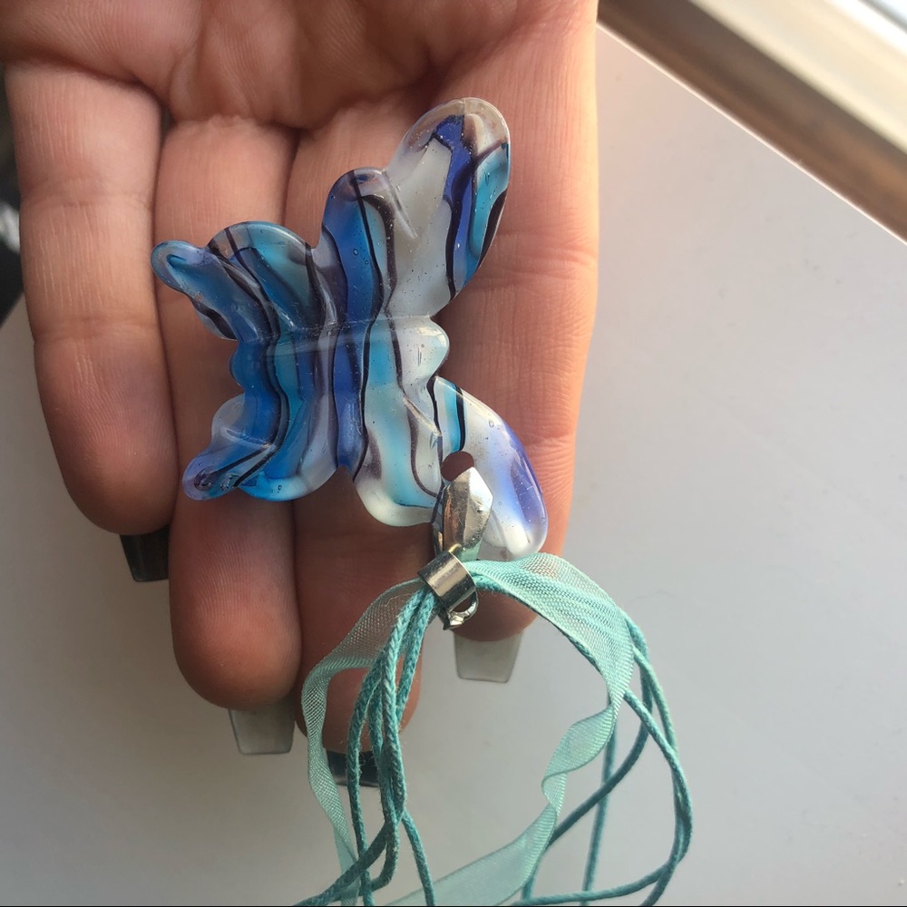 Blue butterfly glass ribbon/ string necklace